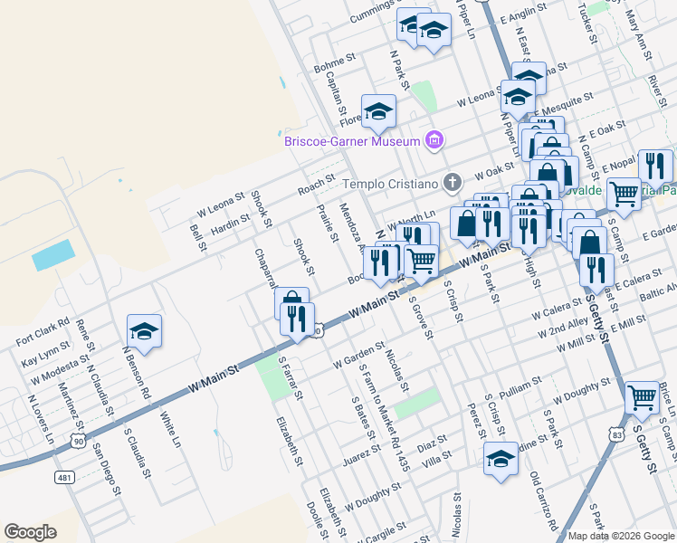 map of restaurants, bars, coffee shops, grocery stores, and more near 213-215 Prairie Street in Uvalde