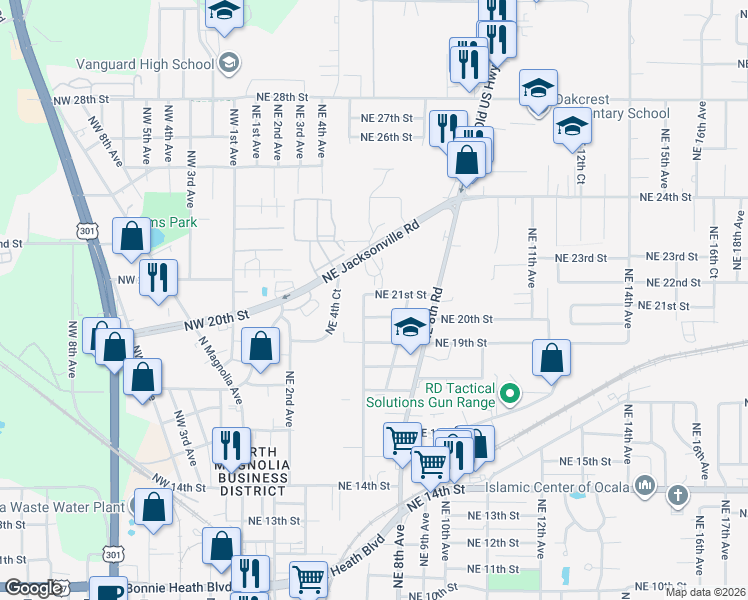 map of restaurants, bars, coffee shops, grocery stores, and more near 618 Northeast 21st Street in Ocala