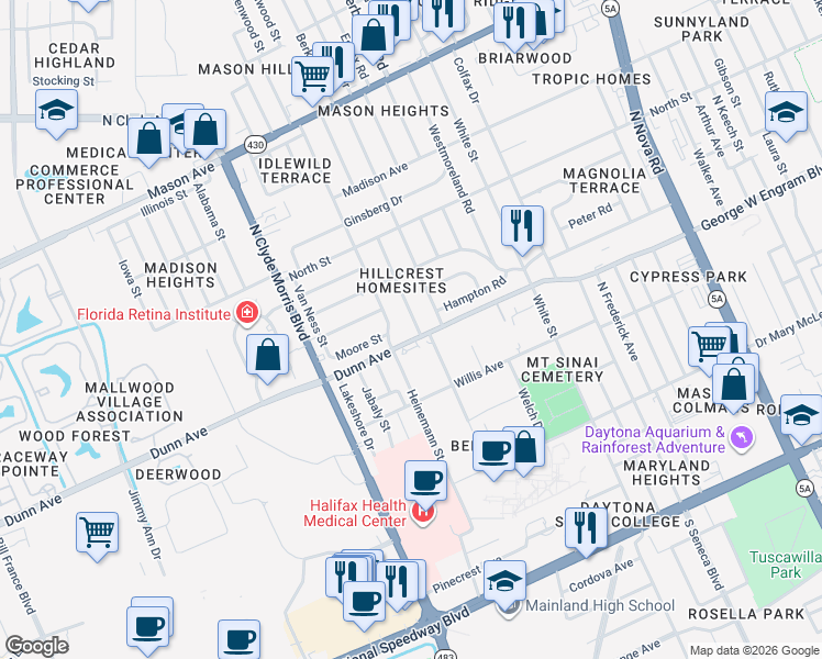 map of restaurants, bars, coffee shops, grocery stores, and more near 508 Berkshire Road in Daytona Beach