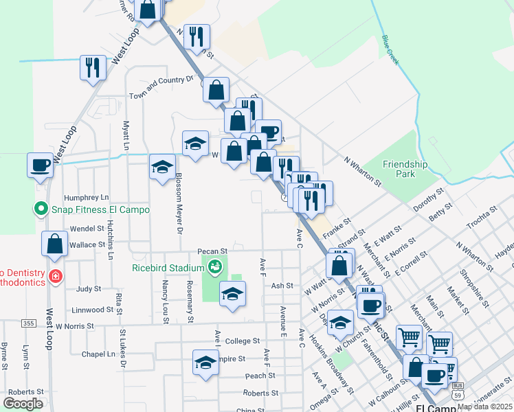 map of restaurants, bars, coffee shops, grocery stores, and more near 2001 Avenue F in El Campo
