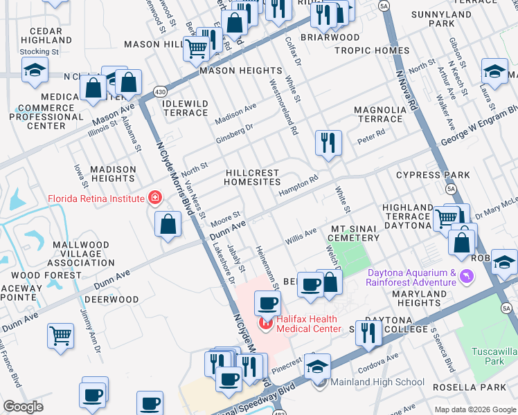 map of restaurants, bars, coffee shops, grocery stores, and more near 508 Berkshire Road in Daytona Beach