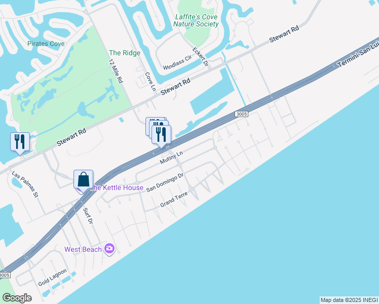 map of restaurants, bars, coffee shops, grocery stores, and more near 13672 Mutiny Lane in Galveston