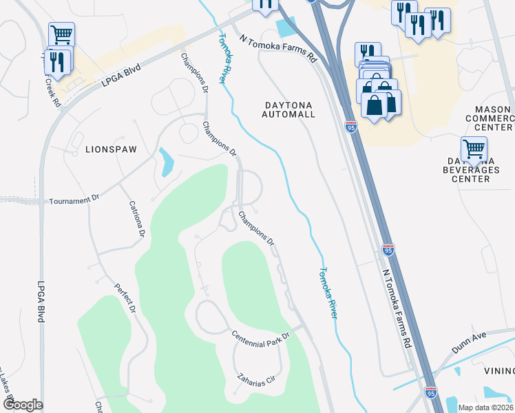 map of restaurants, bars, coffee shops, grocery stores, and more near 35 Acclaim at Lionspaw in Daytona Beach