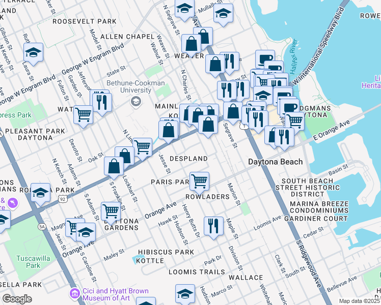 map of restaurants, bars, coffee shops, grocery stores, and more near 551 Foote Court in Daytona Beach