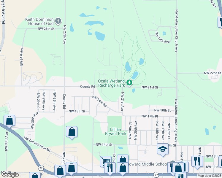 map of restaurants, bars, coffee shops, grocery stores, and more near 2246 Northwest 21st Street in Ocala