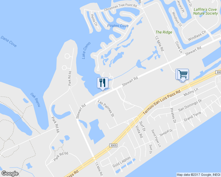 map of restaurants, bars, coffee shops, grocery stores, and more near 11 Dana Drive in Galveston