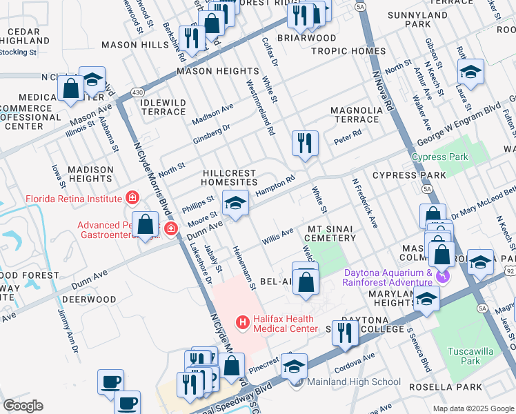 map of restaurants, bars, coffee shops, grocery stores, and more near 1185 Dunn Avenue in Daytona Beach