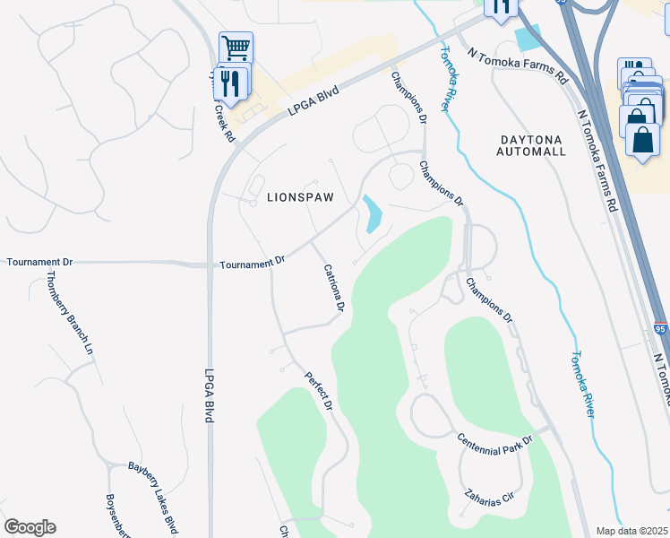 map of restaurants, bars, coffee shops, grocery stores, and more near 261 Catriona Drive in Daytona Beach
