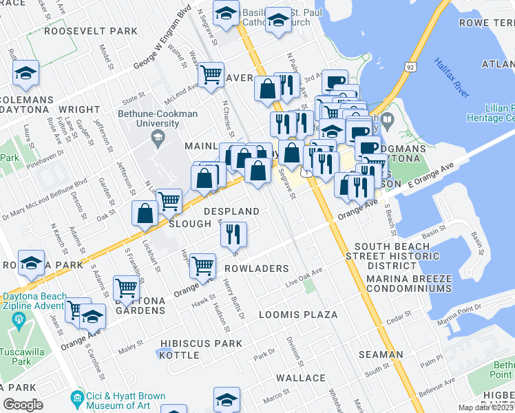 map of restaurants, bars, coffee shops, grocery stores, and more near 526 Magnolia Avenue in Daytona Beach