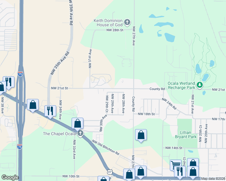 map of restaurants, bars, coffee shops, grocery stores, and more near 2861 Northwest 20th Place in Ocala