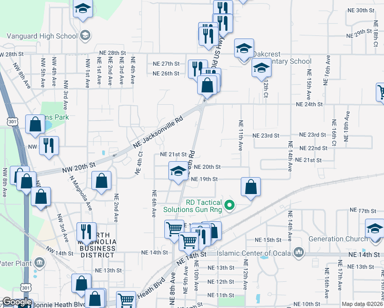 map of restaurants, bars, coffee shops, grocery stores, and more near 2101 Northeast 8th Road in Ocala