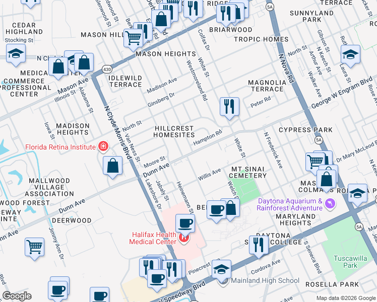 map of restaurants, bars, coffee shops, grocery stores, and more near 508 Berkshire Road in Daytona Beach