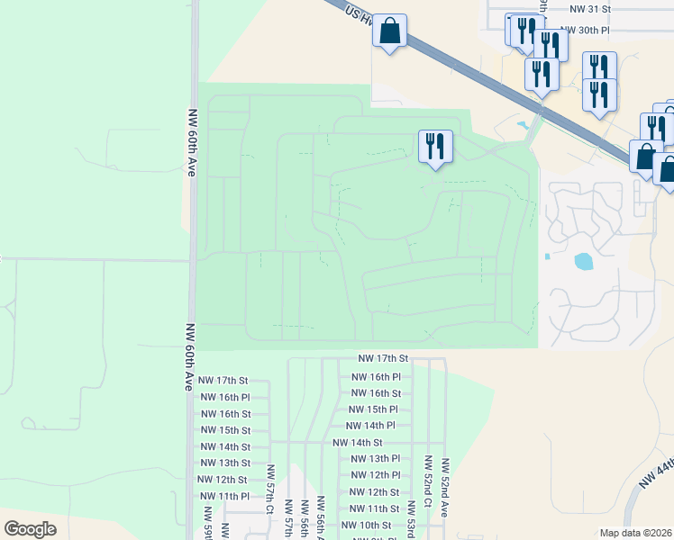 map of restaurants, bars, coffee shops, grocery stores, and more near 2060 Northwest 55th Avenue Road in Ocala