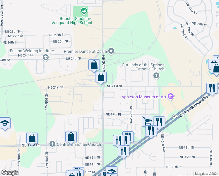 map of restaurants, bars, coffee shops, grocery stores, and more near 3622 Northeast 21st Street in Ocala