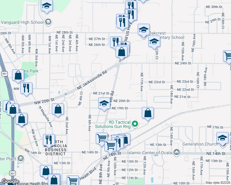 map of restaurants, bars, coffee shops, grocery stores, and more near 2107 Northeast 8th Road in Ocala