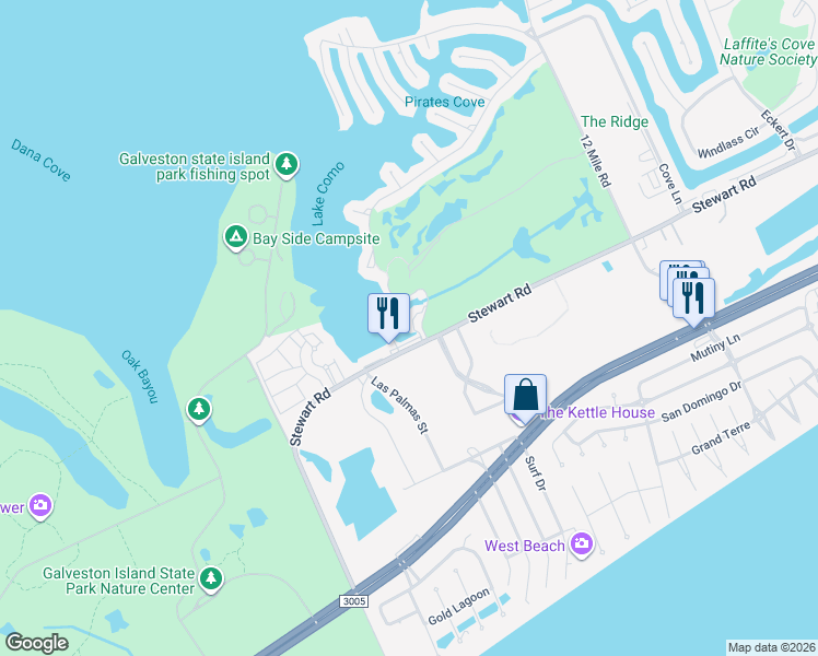 map of restaurants, bars, coffee shops, grocery stores, and more near 11 Dana Drive in Galveston