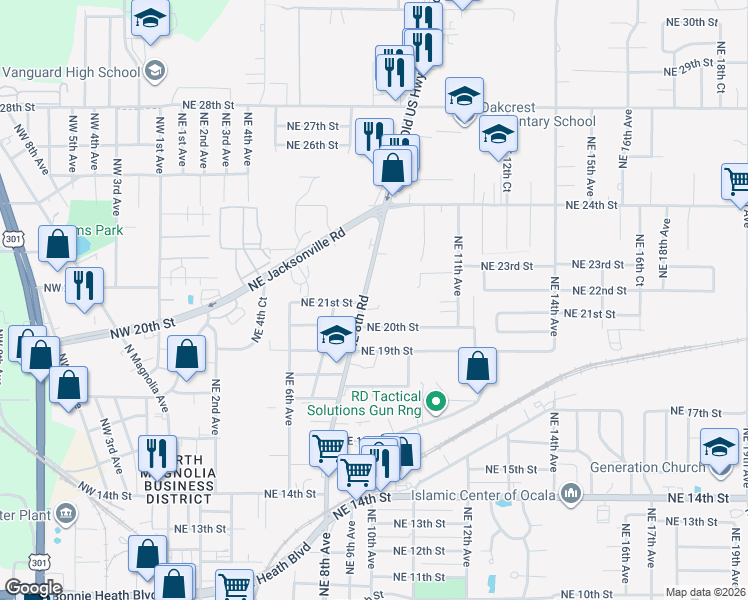 map of restaurants, bars, coffee shops, grocery stores, and more near 2107 Northeast 8th Road in Ocala