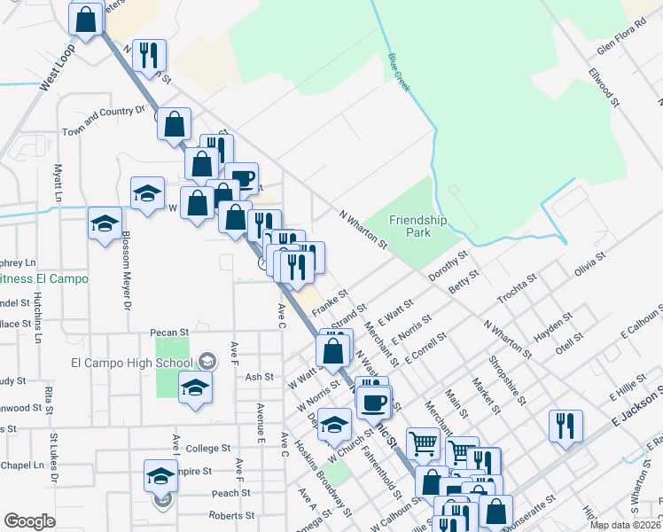 map of restaurants, bars, coffee shops, grocery stores, and more near 1214 Merchant Street in El Campo