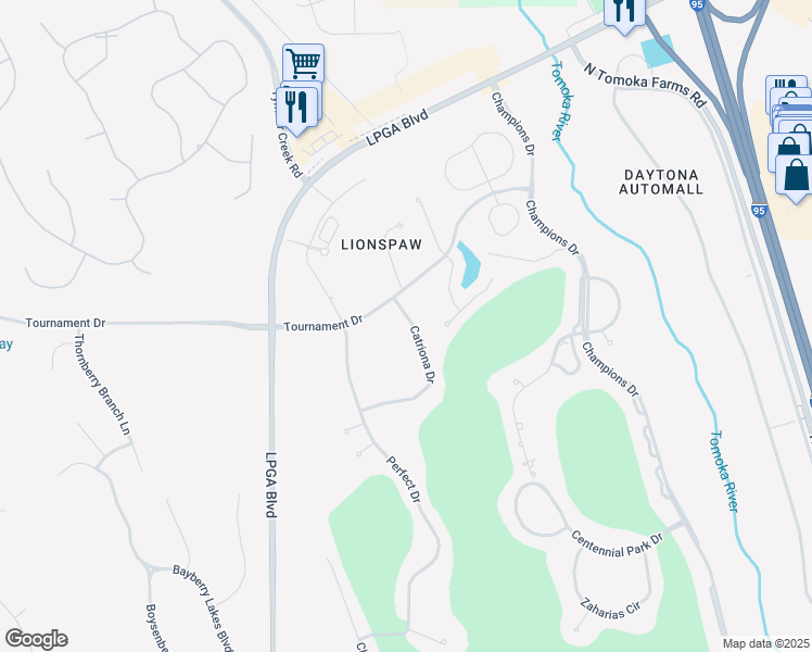 map of restaurants, bars, coffee shops, grocery stores, and more near 261 Catriona Drive in Daytona Beach
