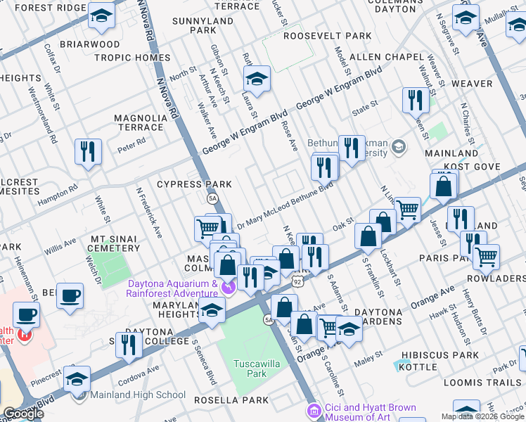 map of restaurants, bars, coffee shops, grocery stores, and more near 942 Doctor Mary McLeod Bethune Boulevard in Daytona Beach