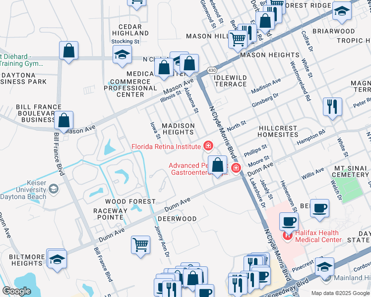 map of restaurants, bars, coffee shops, grocery stores, and more near 1539 Florida Street in Daytona Beach