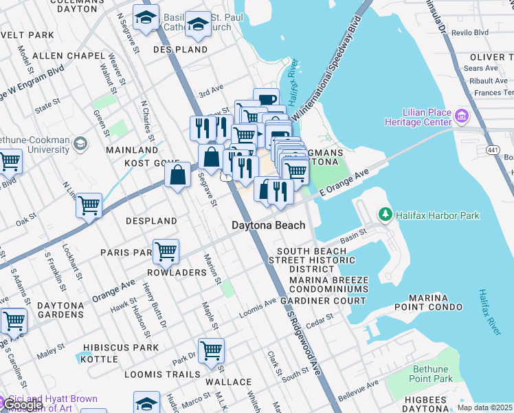 map of restaurants, bars, coffee shops, grocery stores, and more near in Daytona Beach