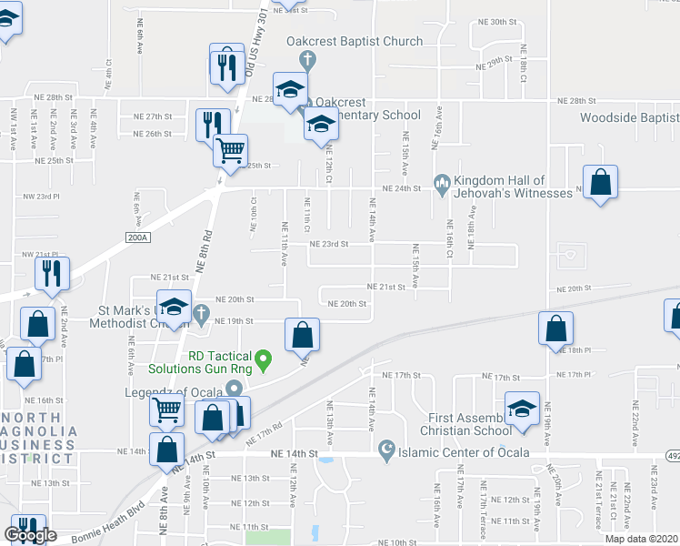 map of restaurants, bars, coffee shops, grocery stores, and more near 1222 Northeast 22nd Street in Ocala