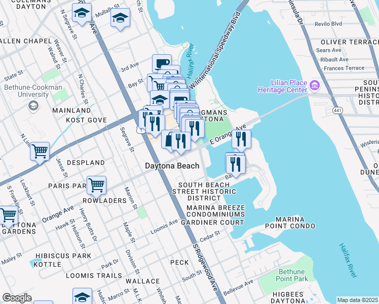 map of restaurants, bars, coffee shops, grocery stores, and more near 127 Orange Avenue in Daytona Beach