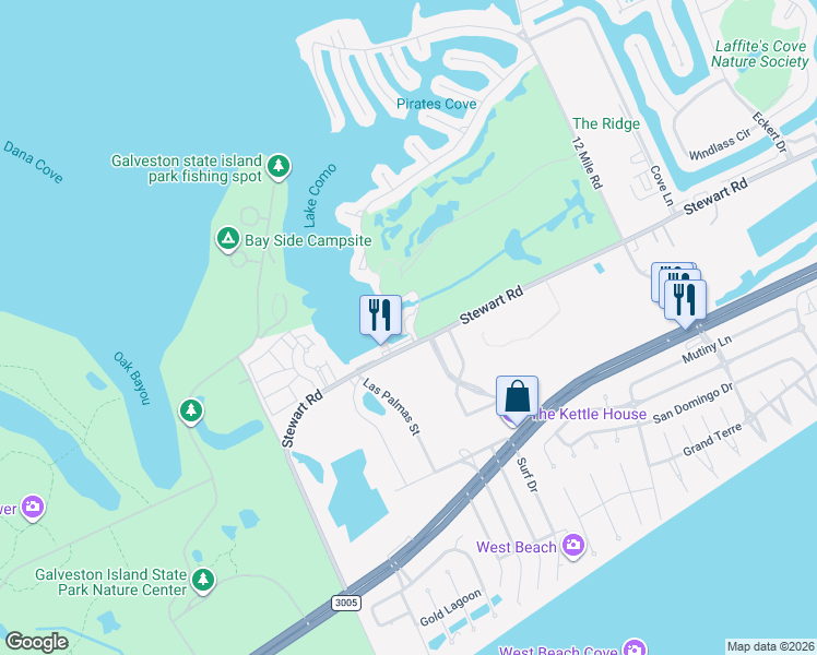 map of restaurants, bars, coffee shops, grocery stores, and more near 35 Dana Drive in Galveston