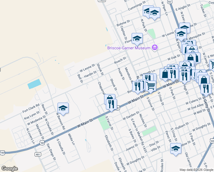 map of restaurants, bars, coffee shops, grocery stores, and more near 720 Reyes Street in Uvalde