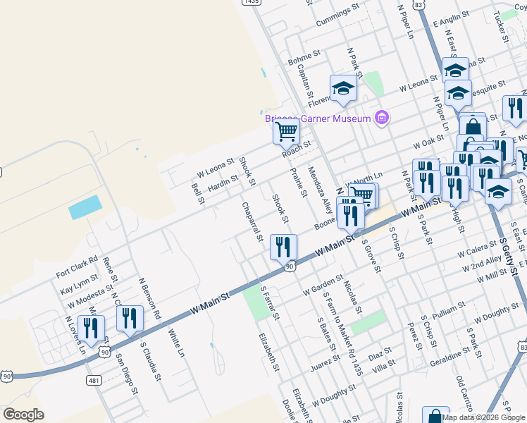 map of restaurants, bars, coffee shops, grocery stores, and more near 720 Reyes Street in Uvalde