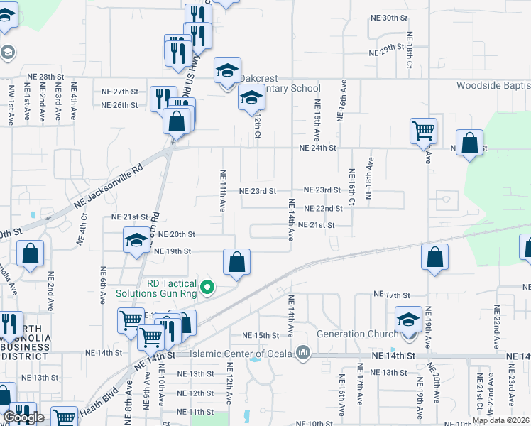 map of restaurants, bars, coffee shops, grocery stores, and more near 1222 Northeast 22nd Street in Ocala