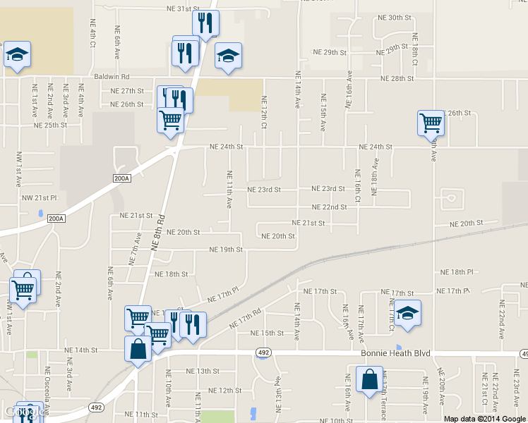 map of restaurants, bars, coffee shops, grocery stores, and more near 1222 Northeast 22nd Street in Ocala