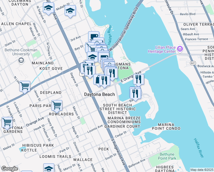 map of restaurants, bars, coffee shops, grocery stores, and more near 127 Orange Avenue in Daytona Beach