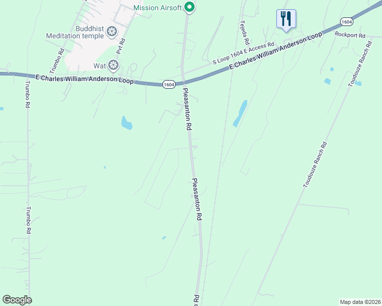 map of restaurants, bars, coffee shops, grocery stores, and more near 21028-21098 Pleasanton Road in San Antonio