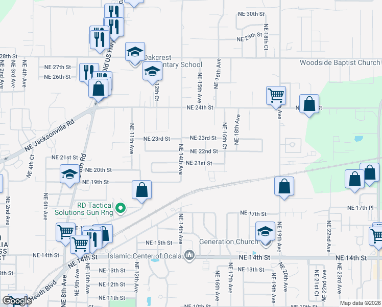 map of restaurants, bars, coffee shops, grocery stores, and more near 1428 Northeast 22nd Street in Ocala