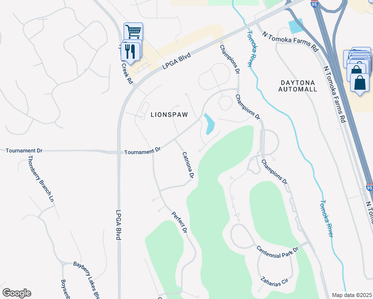 map of restaurants, bars, coffee shops, grocery stores, and more near 273 Catriona Drive in Daytona Beach