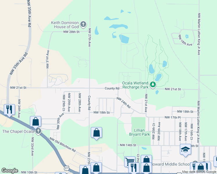 map of restaurants, bars, coffee shops, grocery stores, and more near 2505 Northwest 21st Street in Ocala
