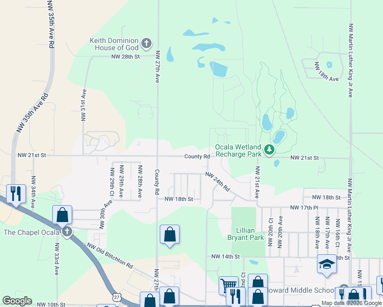 map of restaurants, bars, coffee shops, grocery stores, and more near 2505 Northwest 21st Street in Ocala