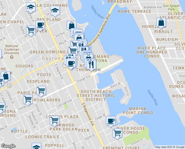 map of restaurants, bars, coffee shops, grocery stores, and more near 108 Orange Avenue in Daytona Beach
