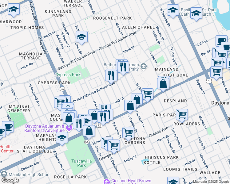 map of restaurants, bars, coffee shops, grocery stores, and more near 227 Desoto Street in Daytona Beach