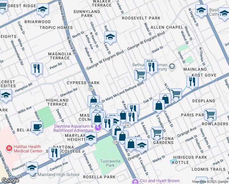 map of restaurants, bars, coffee shops, grocery stores, and more near in Daytona Beach