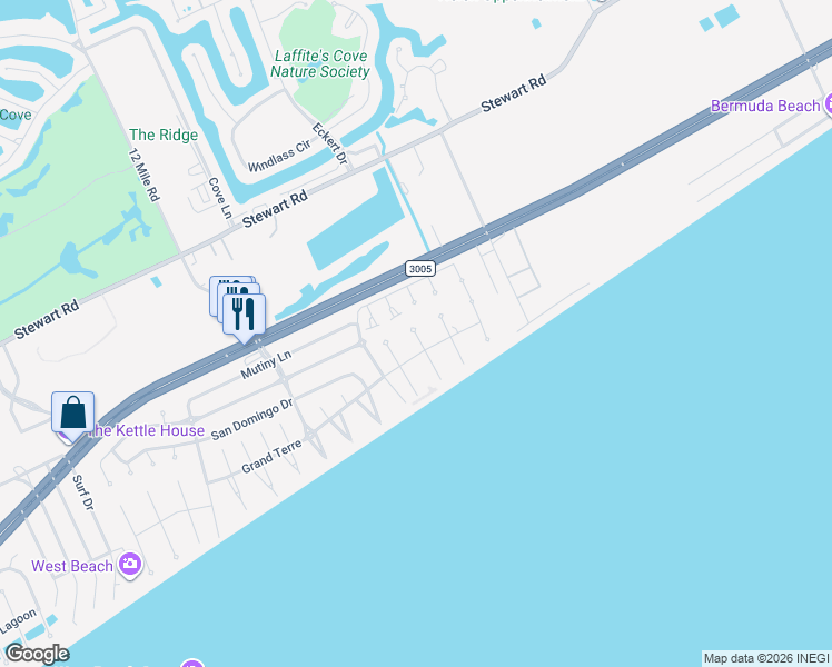 map of restaurants, bars, coffee shops, grocery stores, and more near 4122 Ghost Crab Lane in Galveston