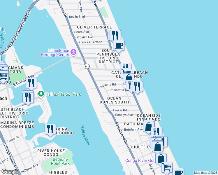map of restaurants, bars, coffee shops, grocery stores, and more near 1596 Crescent Ridge Road in Daytona Beach