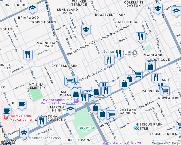 map of restaurants, bars, coffee shops, grocery stores, and more near in Daytona Beach