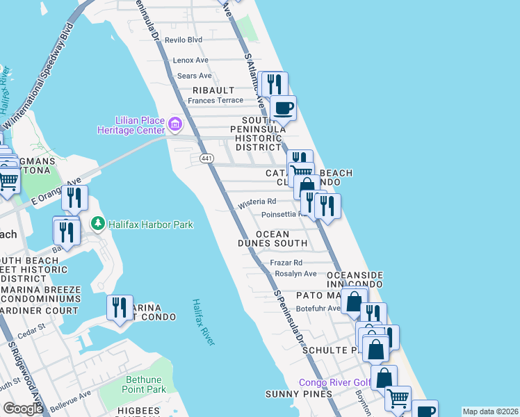 map of restaurants, bars, coffee shops, grocery stores, and more near 407 Poinsettia Road in Daytona Beach