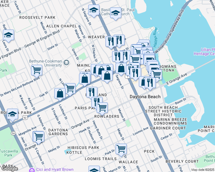 map of restaurants, bars, coffee shops, grocery stores, and more near 526 Magnolia Avenue in Daytona Beach