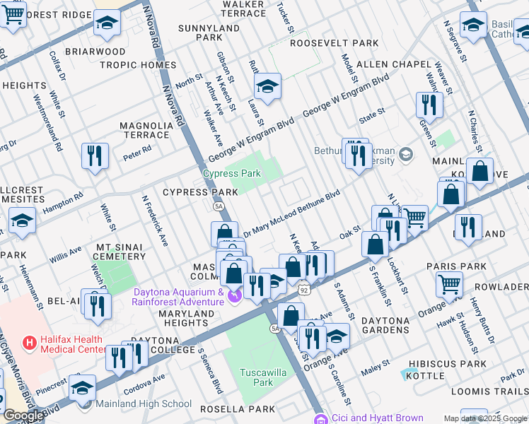 map of restaurants, bars, coffee shops, grocery stores, and more near 960 Doctor Mary McLeod Bethune Boulevard in Daytona Beach