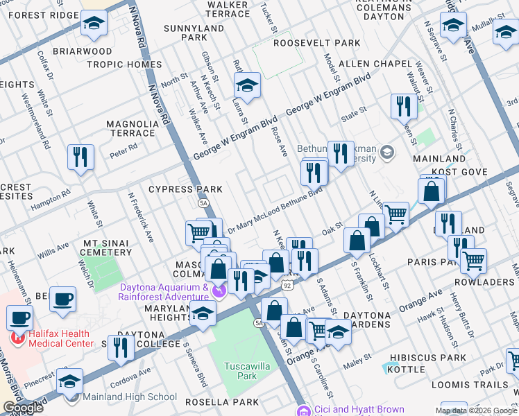 map of restaurants, bars, coffee shops, grocery stores, and more near 942 Doctor Mary McLeod Bethune Boulevard in Daytona Beach