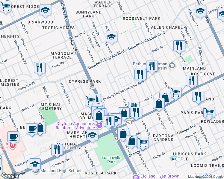 map of restaurants, bars, coffee shops, grocery stores, and more near 960 Doctor Mary McLeod Bethune Boulevard in Daytona Beach
